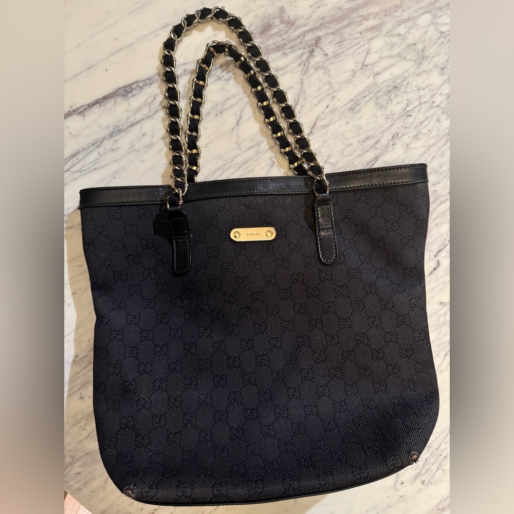 Gucci Tote Hand Bag GG 196750 205011 Monogram with Genuine Black Leather